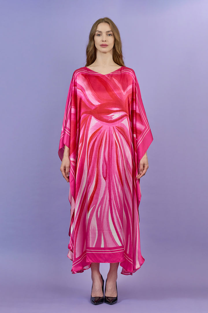 Pink Love Silk Maxi Caftan – Mulberry Silk – Boat or V-Neckline