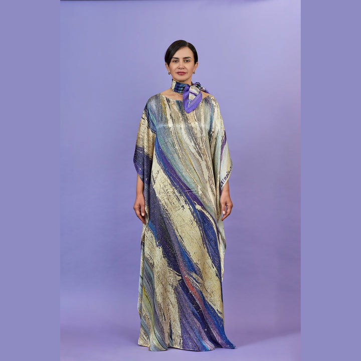 Purple Way Silk Maxi Caftan – Purple/Beige – Reversible Neckline