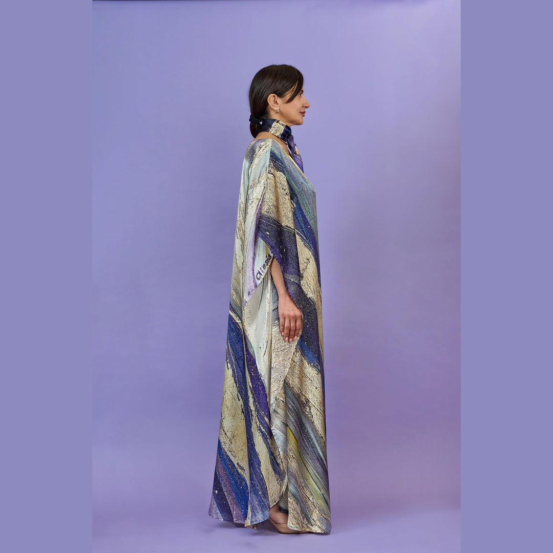 Purple Way Silk Maxi Caftan – Purple/Beige – Reversible Neckline