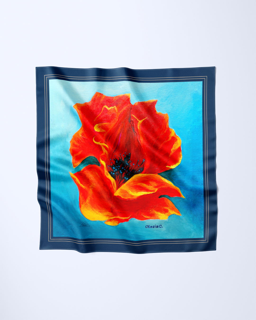 Poppy Flower Silk Scarf – Red & Blue by Alesia Chaika