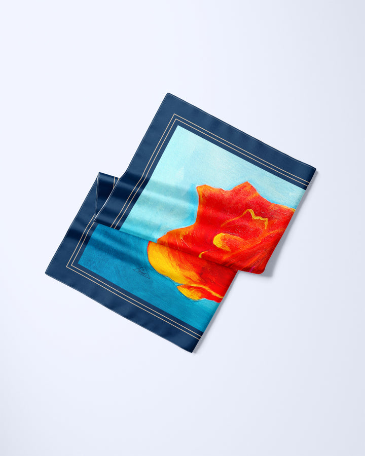 Poppy Flower of Inspiration Mulberry Silk Square Scarf – Red and Blue – Hand Rolled Edges