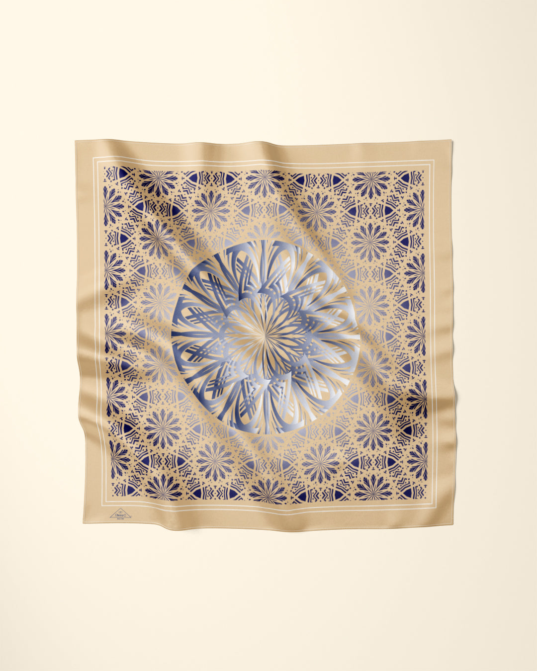 GLOWING Mandala Designer Silk Scarf Beige Navy Blue by Alesia Chaika