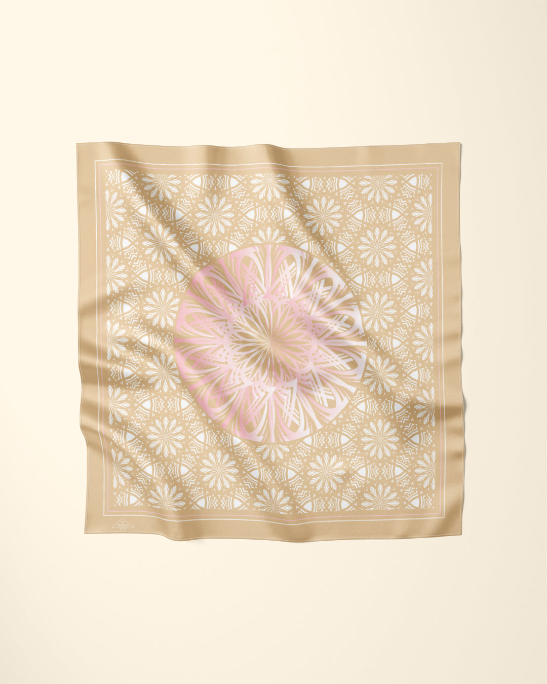 Gold and pink silk scarf packaged in Alesia C. Triangle Purple Gift Box