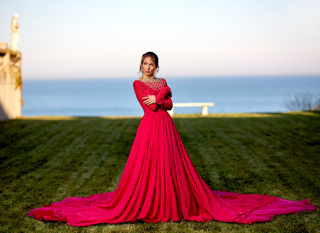 GODDESS Lace Low Back A-Line Chiffon Houte Couture Evening Gown