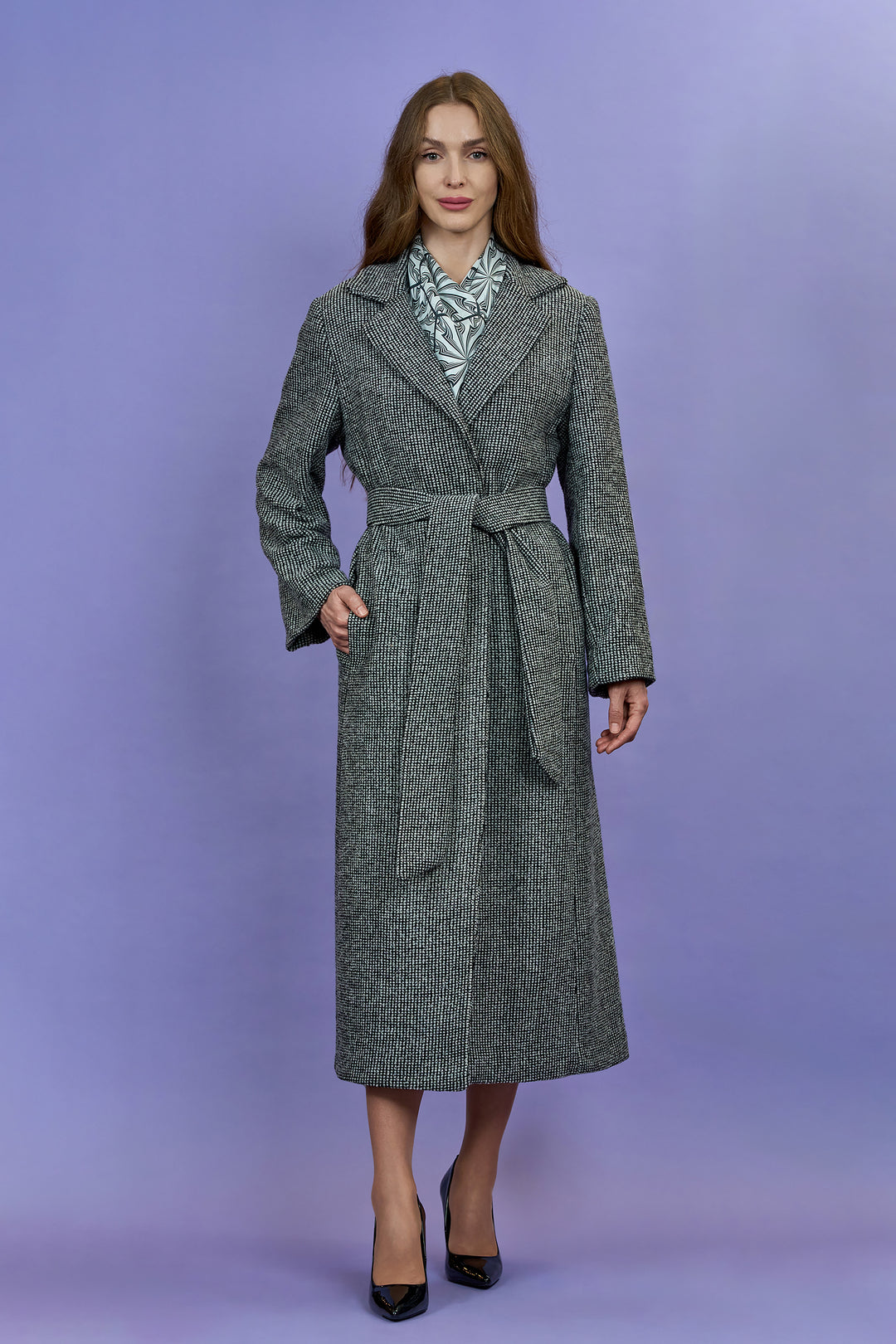 COUTURE LUREX Tweed Grey Black Belted Long Tailored Coat