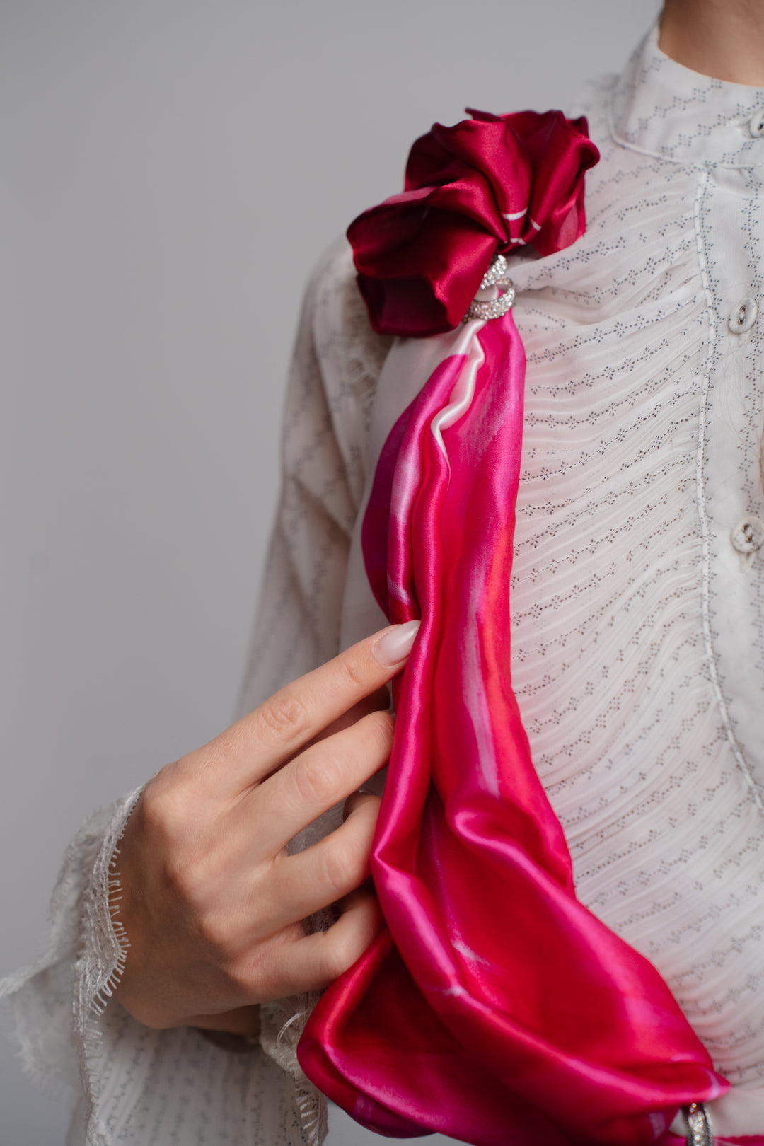 PINK BOW Silk Scarf – Magenta, Pink, and White with Border – Multiple Sizes