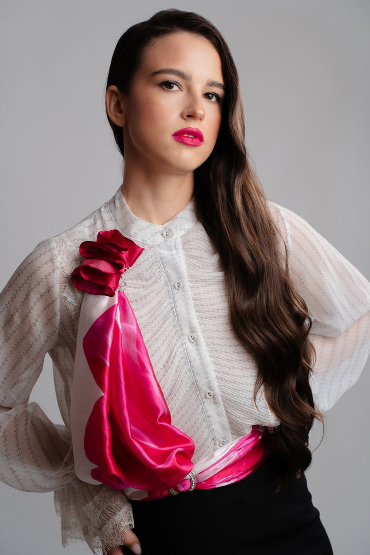 PINK BOW Silk Scarf – Magenta, Pink, and White with Border – Multiple Sizes