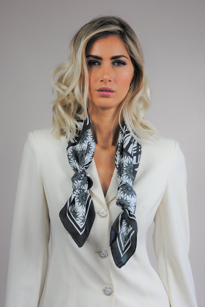 WISDOM Mandala Silk Square Scarf in Black White – Multiple Sizes by Alesia Chaika