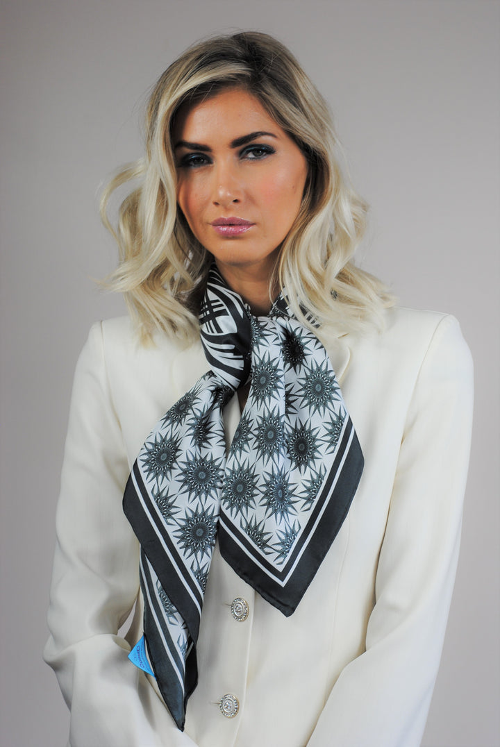 WISDOM Mandala Silk Square Scarf in Black White – Multiple Sizes by Alesia Chaika