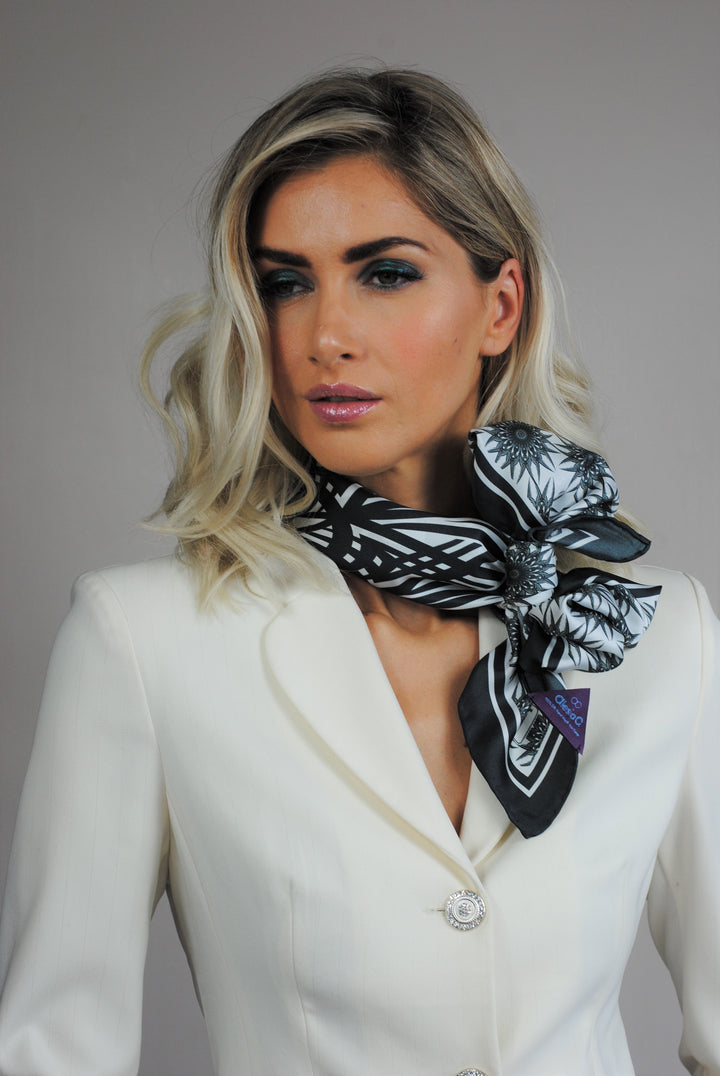 WISDOM Mandala Silk Square Scarf in Black White – Multiple Sizes by Alesia Chaika