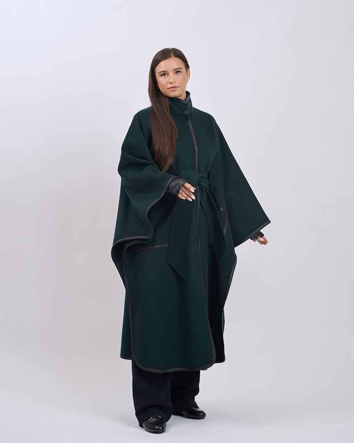 KIMONO LONG Virgin Wool Belted Cape Coat - Forest Green Black Leather Trim