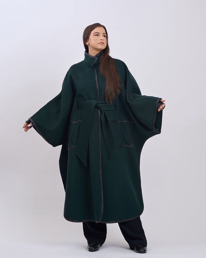 KIMONO LONG Virgin Wool Belted Cape Coat - Forest Green Black Leather Trim