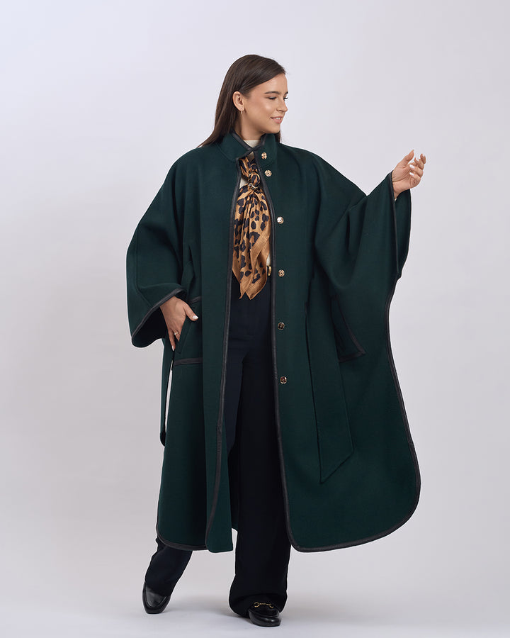 KIMONO LONG Virgin Wool Belted Cape Coat - Forest Green Black Leather Trim