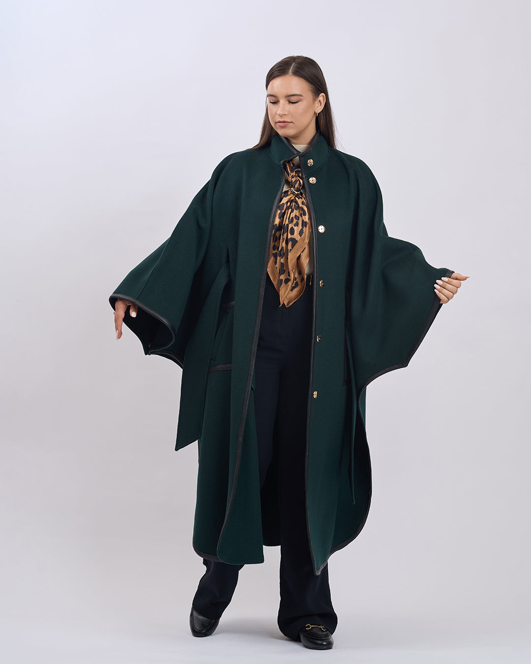 KIMONO LONG Virgin Wool Belted Cape Coat - Forest Green Black Leather Trim