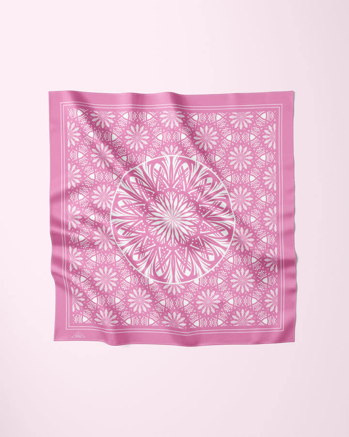 SERENITY Mandala Designer Silk Scarf – Light Pink White – Hand-Rolled Edges – Multiple Sizes