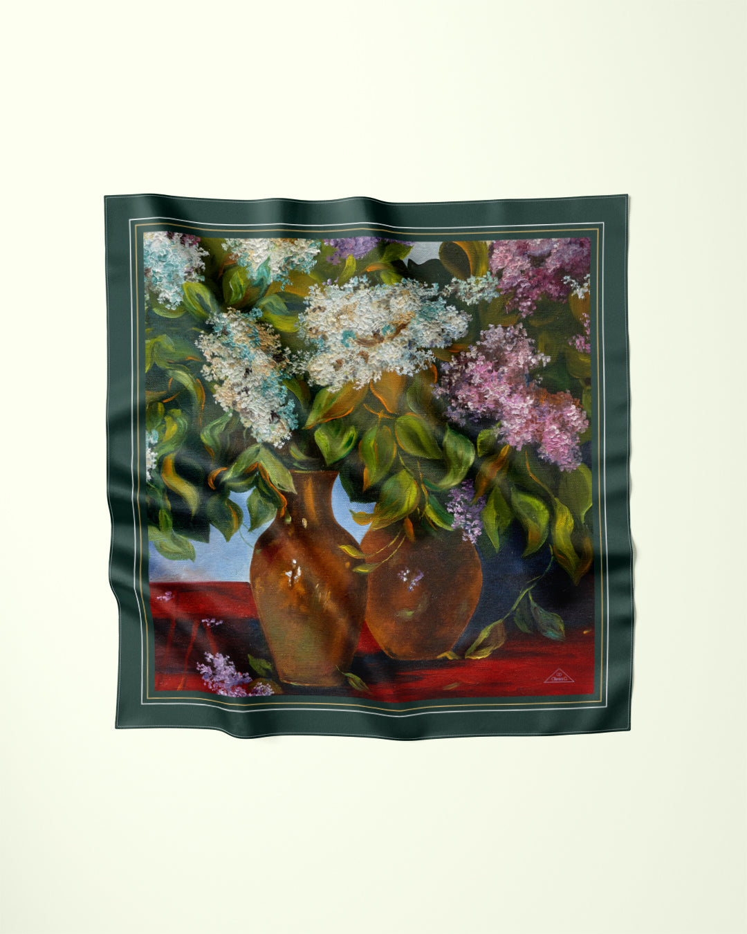 Lilac and green silk square scarf with multicolor accents – flat lay view