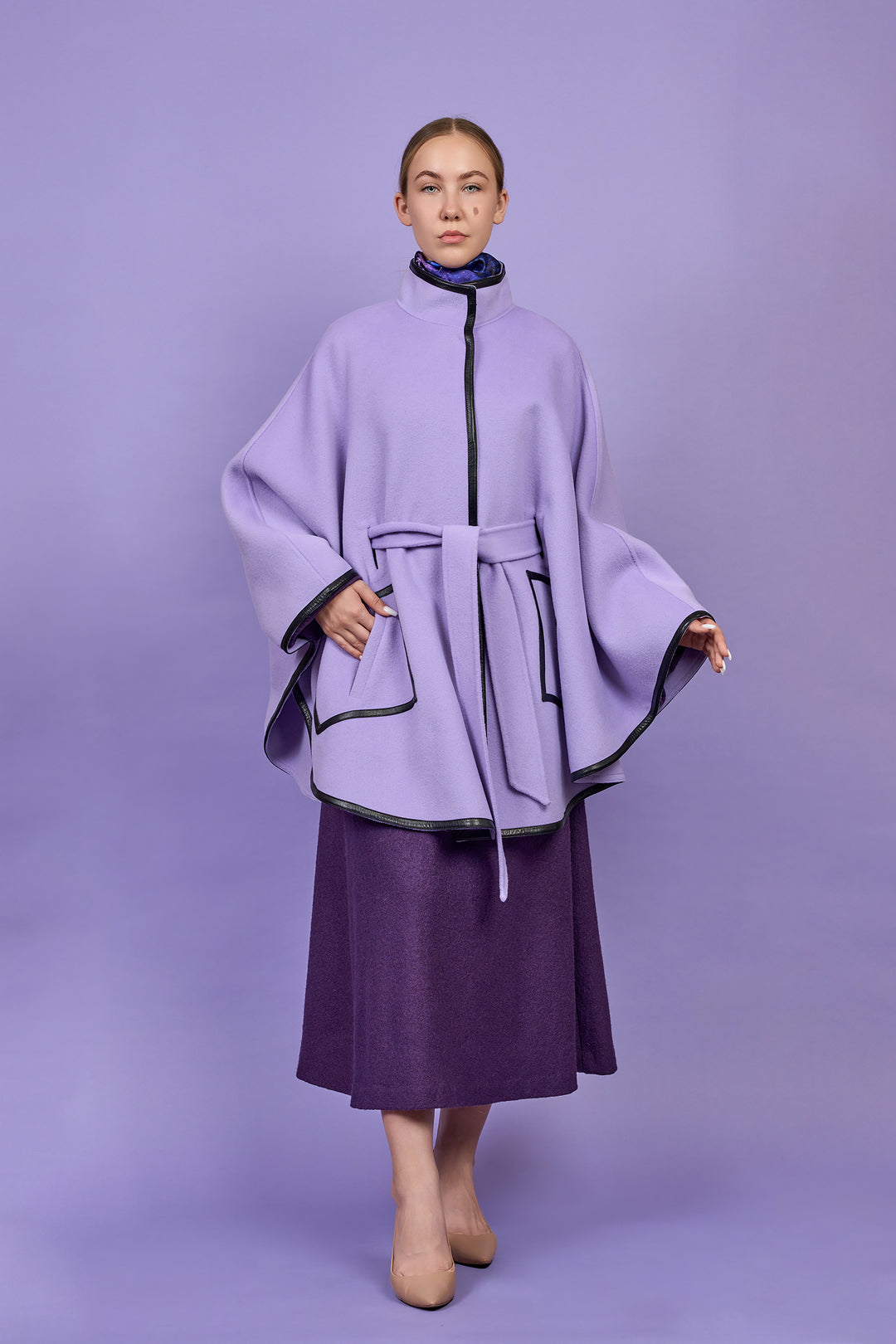 KIMONO Lavender Belted Cape Coat in Virgin Wool Cashmere Black Leather