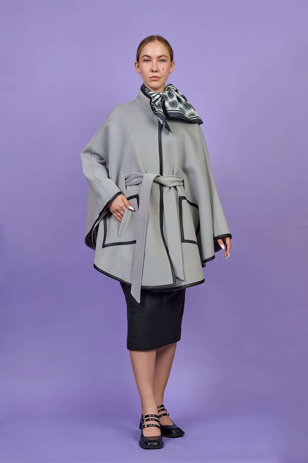 KIMONO Light Grey Belted Cape Coat in Virgin Wool Cashmere Black Leather