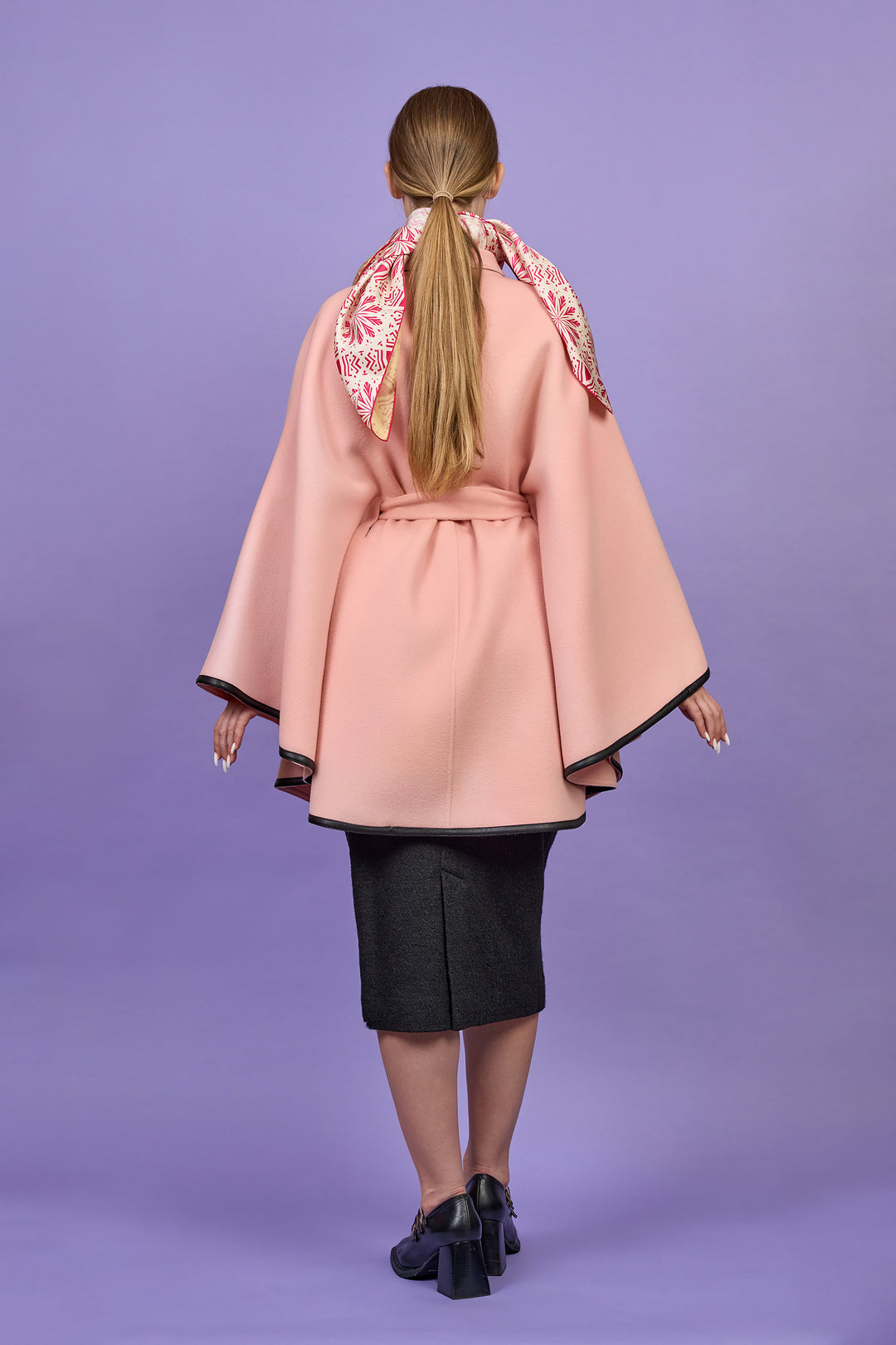 KIMONO Light Pink Belted Cape Coat in Virgin Wool Cashmere Black Leather