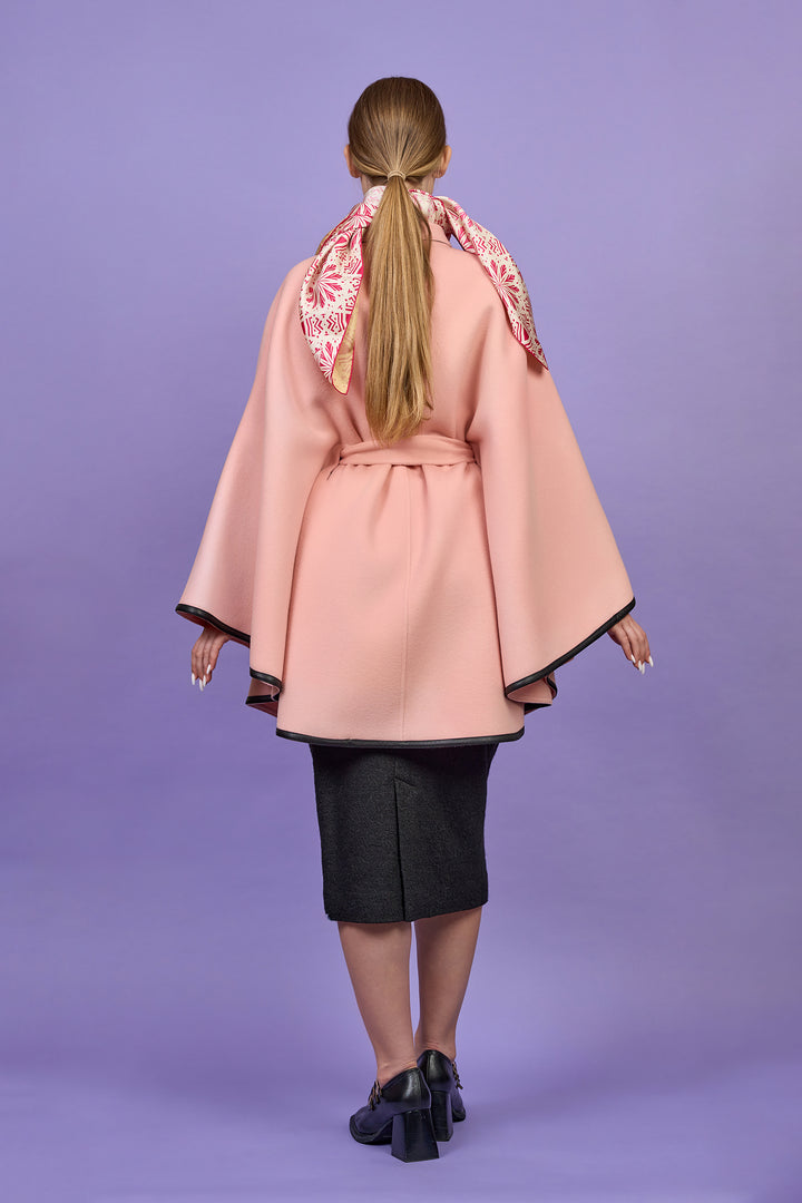 KIMONO Light Pink Belted Cape Coat in Virgin Wool Cashmere Black Leather