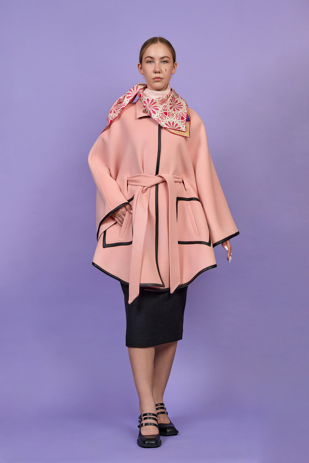 KIMONO Light Pink Belted Cape Coat in Virgin Wool Cashmere Black Leather
