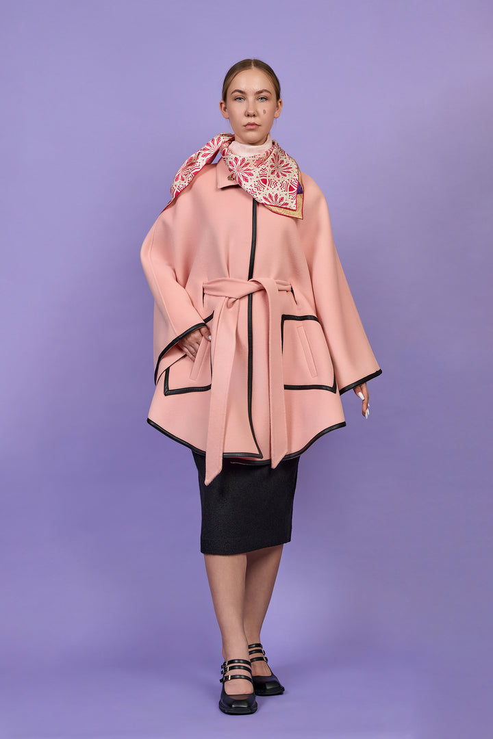 KIMONO Light Pink Belted Cape Coat in Virgin Wool Cashmere Black Leather
