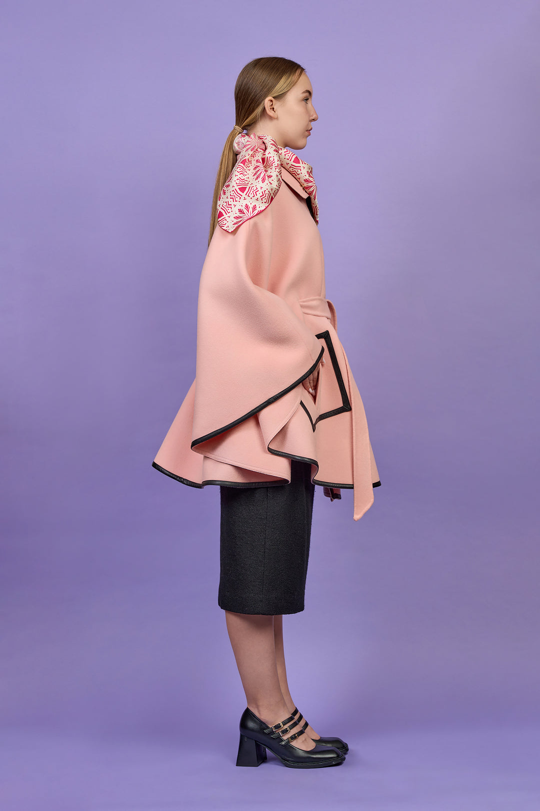 KIMONO Light Pink Belted Cape Coat in Virgin Wool Cashmere Black Leather