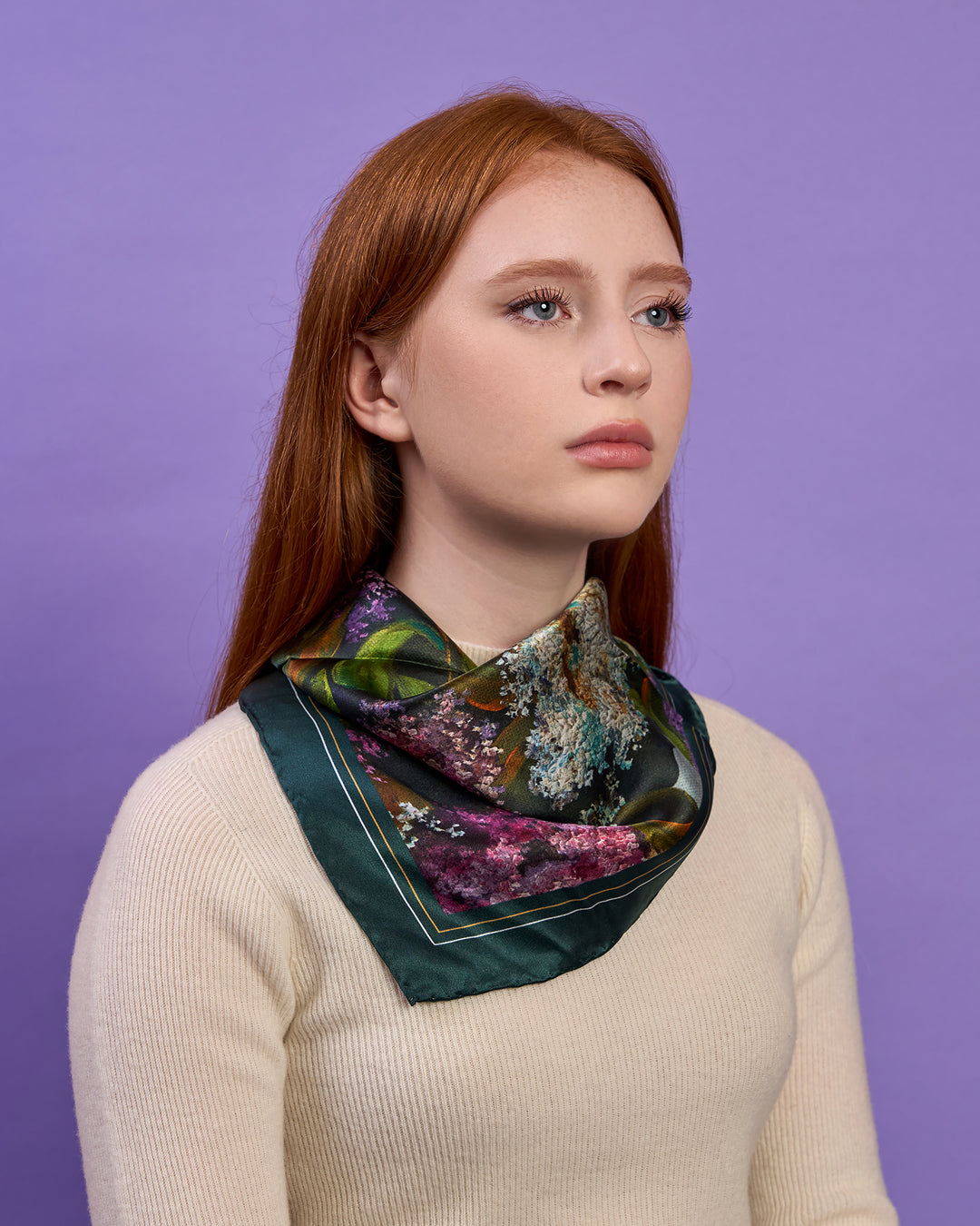 Lilac Silk Square Scarf – Mulberry Silk – Lilac and Green – Hand Rolled Edges