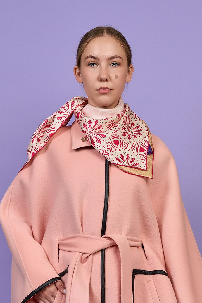 KIMONO Light Pink Belted Cape Coat in Virgin Wool Cashmere Black Leather