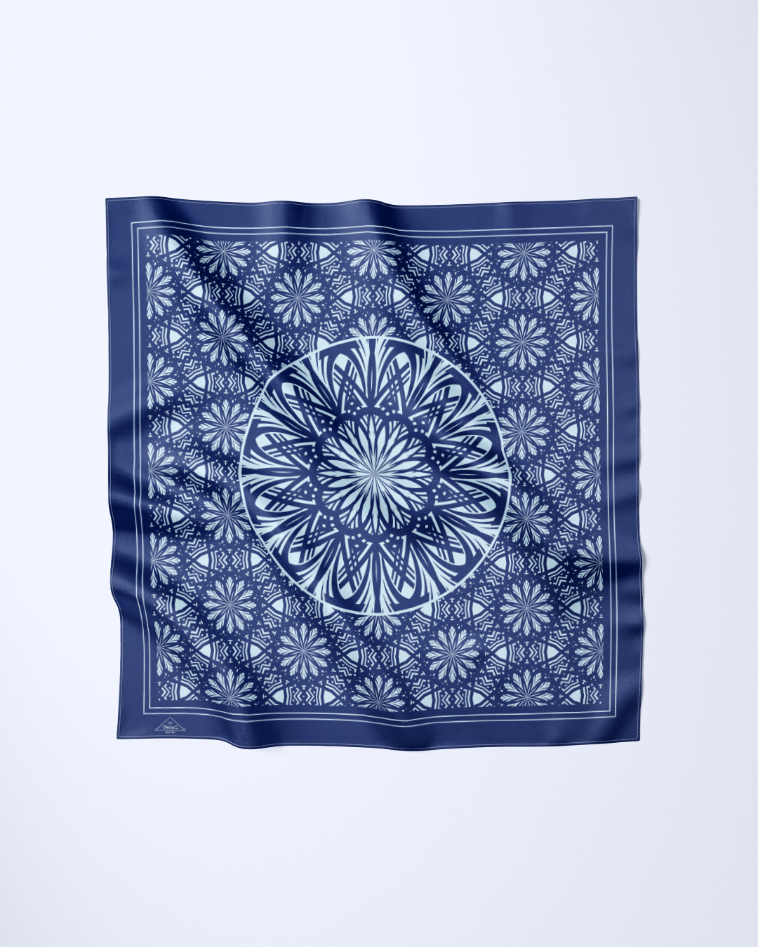NAVY LIGHT BLUE SERENITY Mandala Designer Silk Scarf by Alesia Chaika
