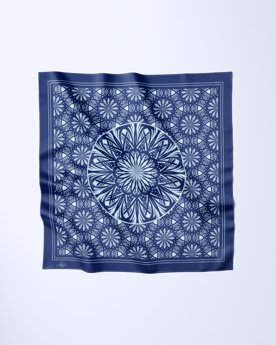 SERENITY Mandala Designer Silk Scarf – Navy Light Blue – Hand-Rolled Edges – Multiple Sizes
