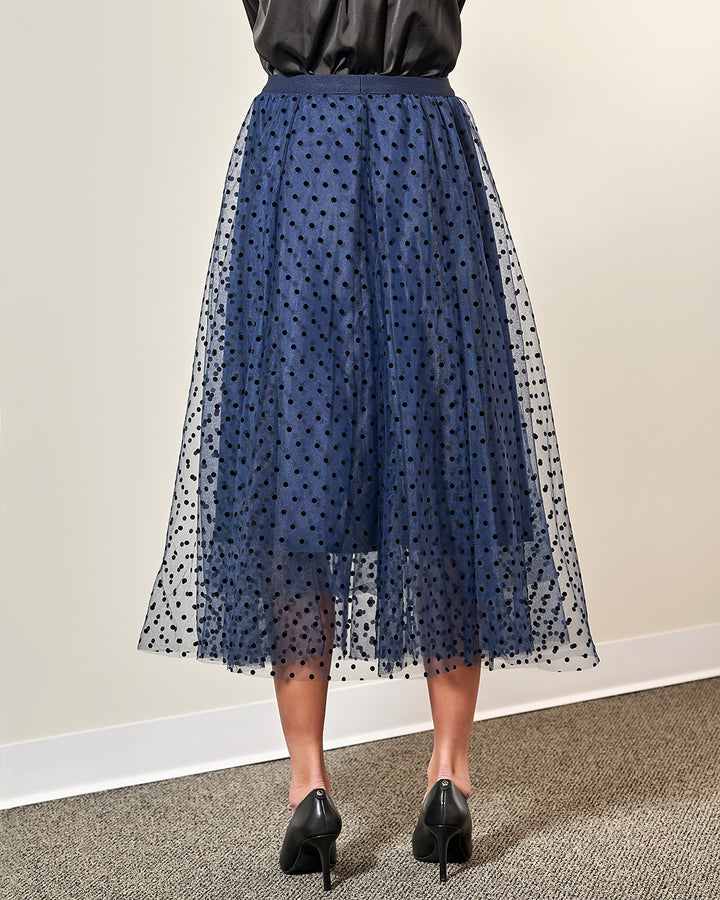 Tulle Velvet Polka Dot Midi Skirt – Navy Blue/Black