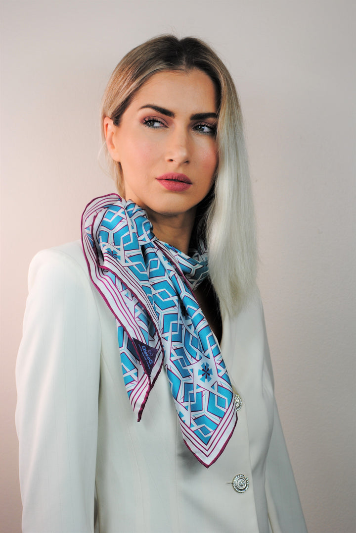 PERPETUUM MOBILE Mandala Designer Silk Scarf – Blue, White, Purple