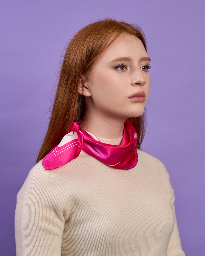 PINK BOW Silk Scarf – Magenta, Pink, and White with Border – Multiple Sizes