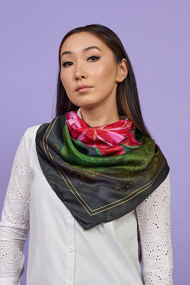 Amazon Water Lily Silk Scarf with Black Border – Alesia C. Art-A-Porte Collection