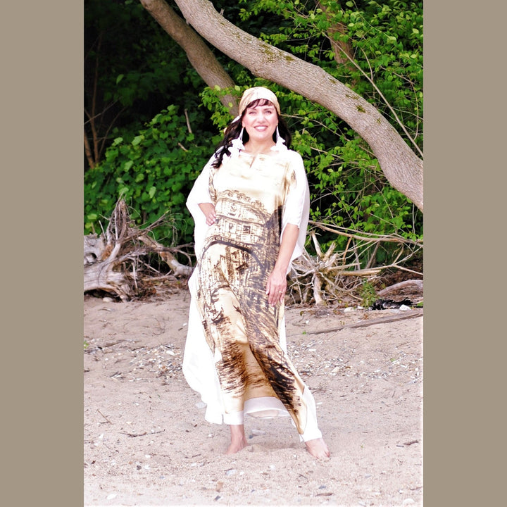 Venice Silk Maxi Caftan – Brown/Beige/White – V-Neck