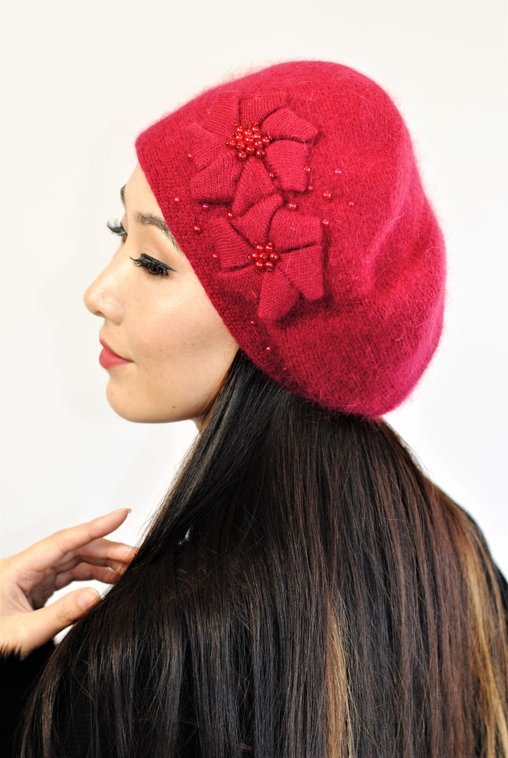 Double Angora Wool Knit Beret Hat with Embroidery – One Size