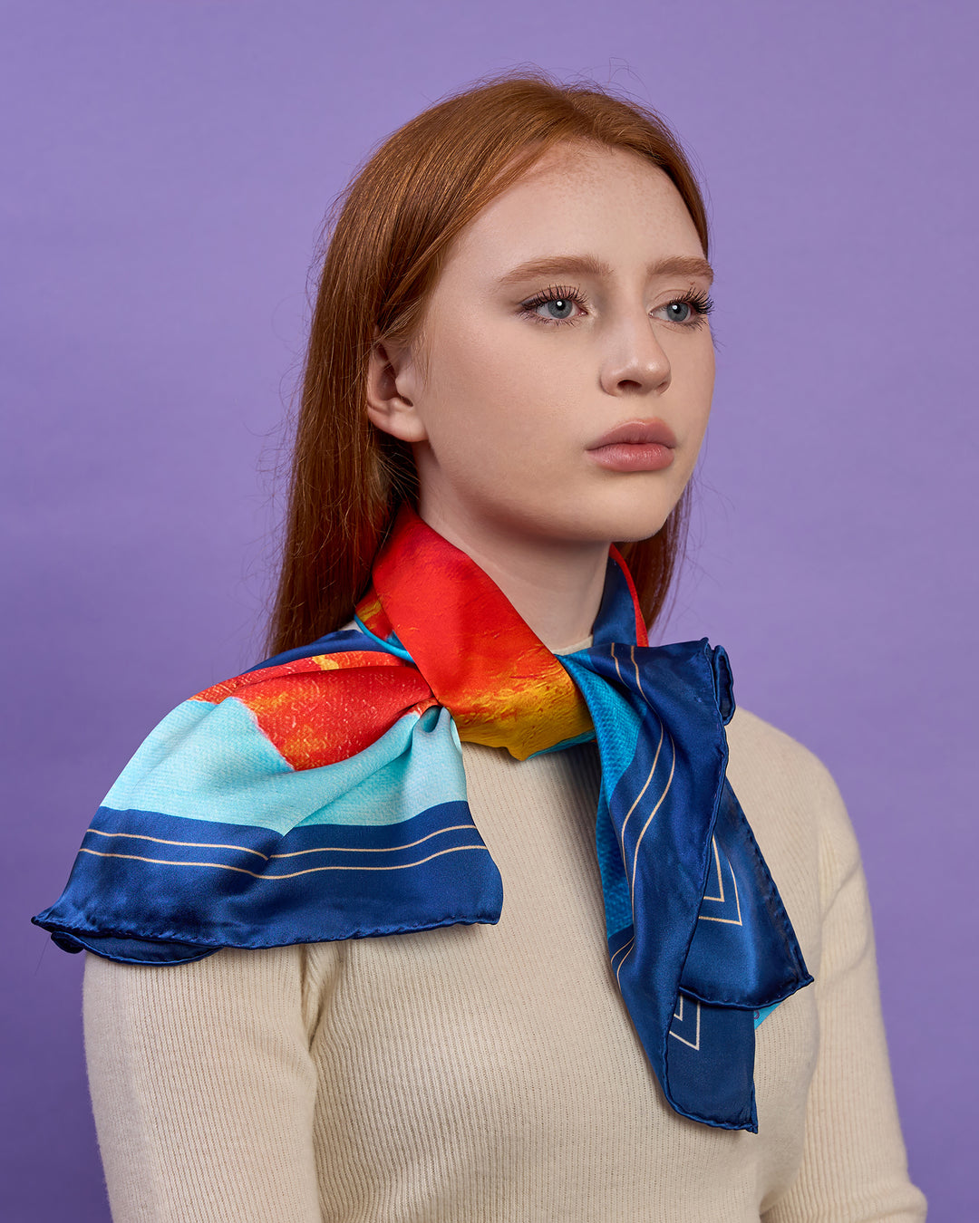Poppy Flower of Inspiration Mulberry Silk Square Scarf – Red and Blue – Hand Rolled Edges
