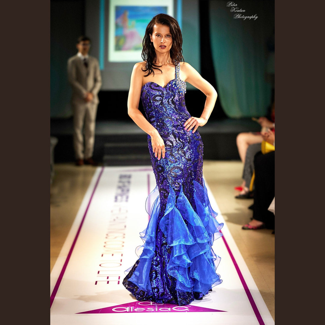 LOLA Iris Blue Sequin Fit-and-Flare Evening Gown