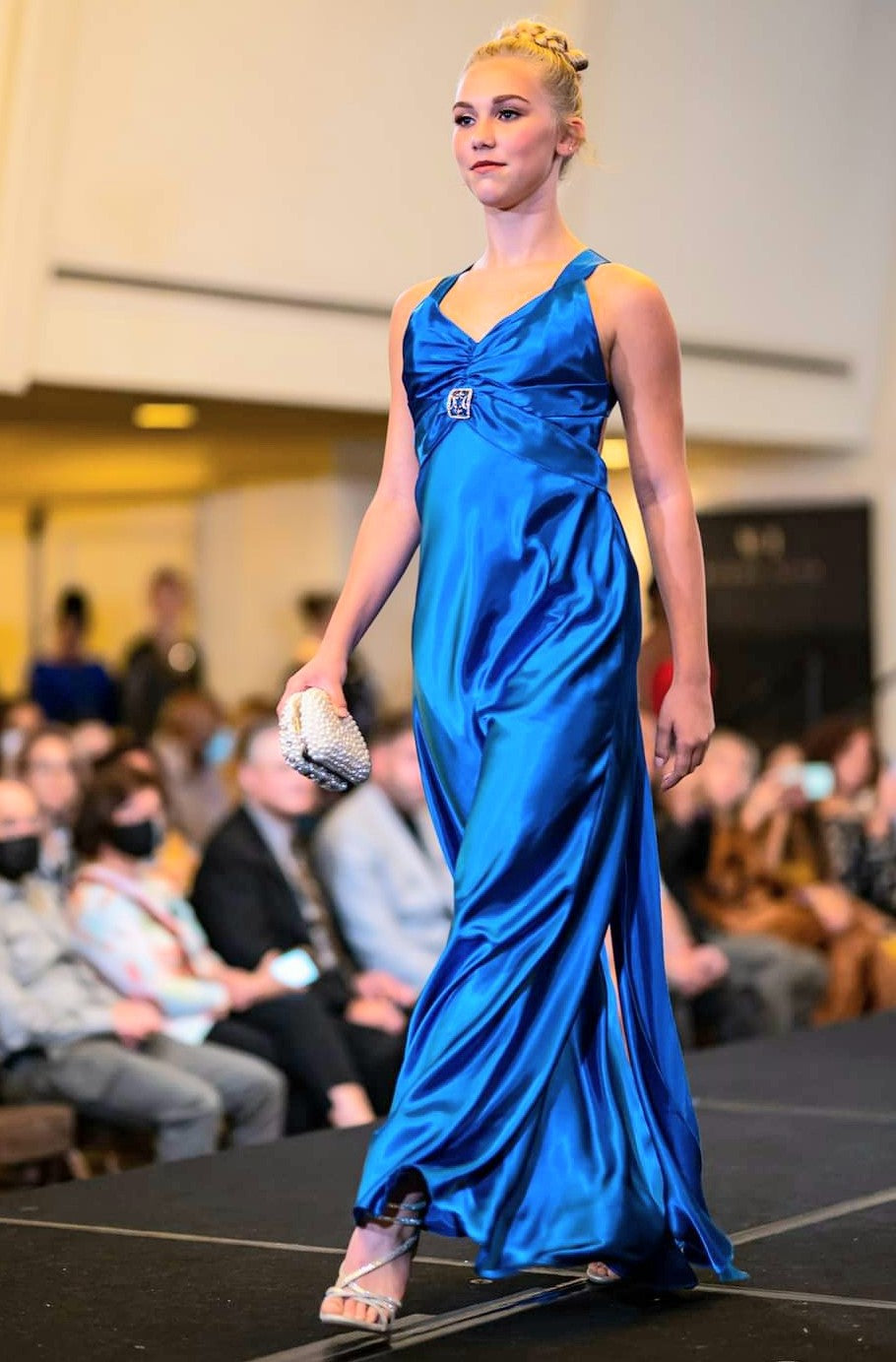 GRETA Long A Line Evening Gown With Open Back in Royal Blue Silk