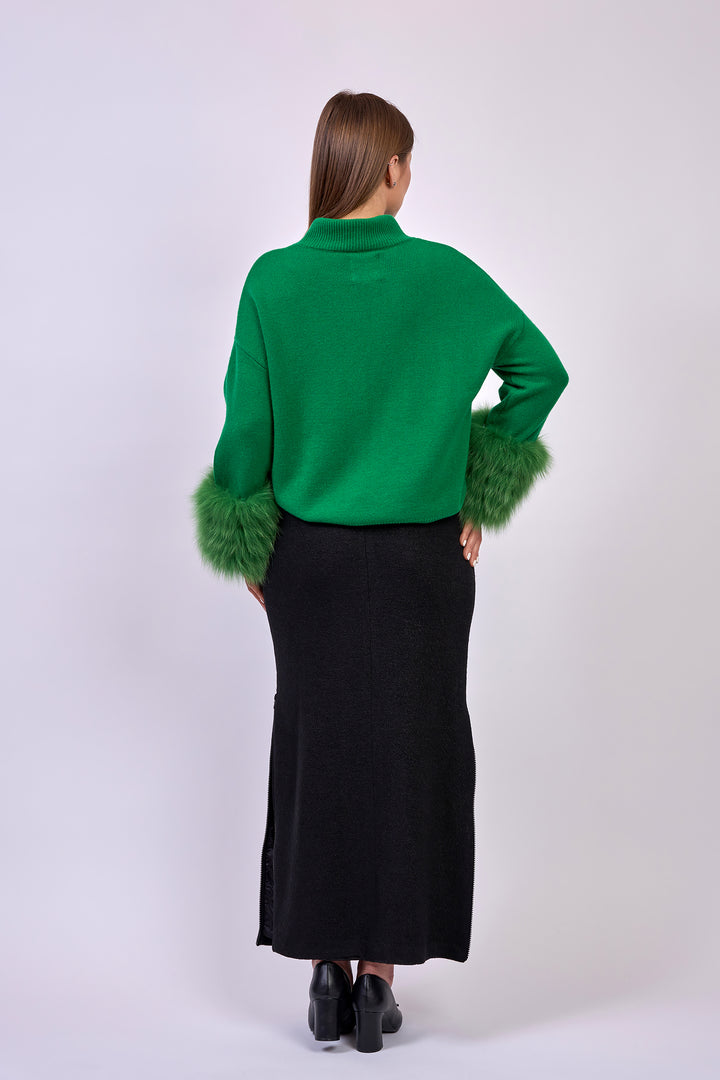 NATA Stretch Virgin Wool Maxi Skirt – Boiled Tweed with Side Zippers – Black