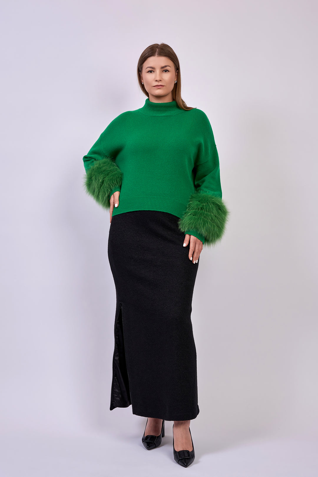 NATA Stretch Virgin Wool Maxi Skirt – Boiled Tweed with Side Zippers – Black