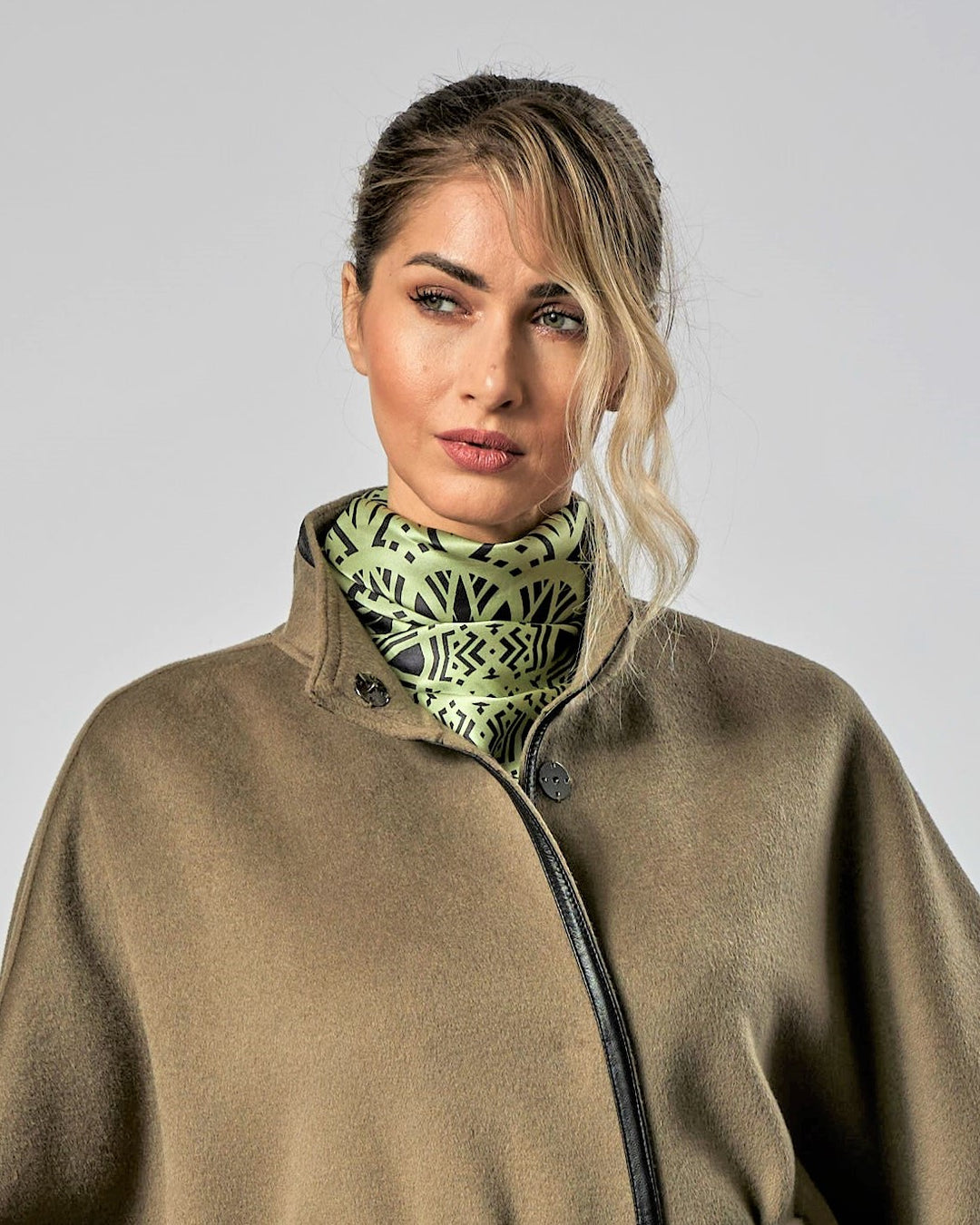SERENITY Mandala Designer Silk Scarf – Sage Green Black – Hand-Rolled Edges – Multiple Sizes