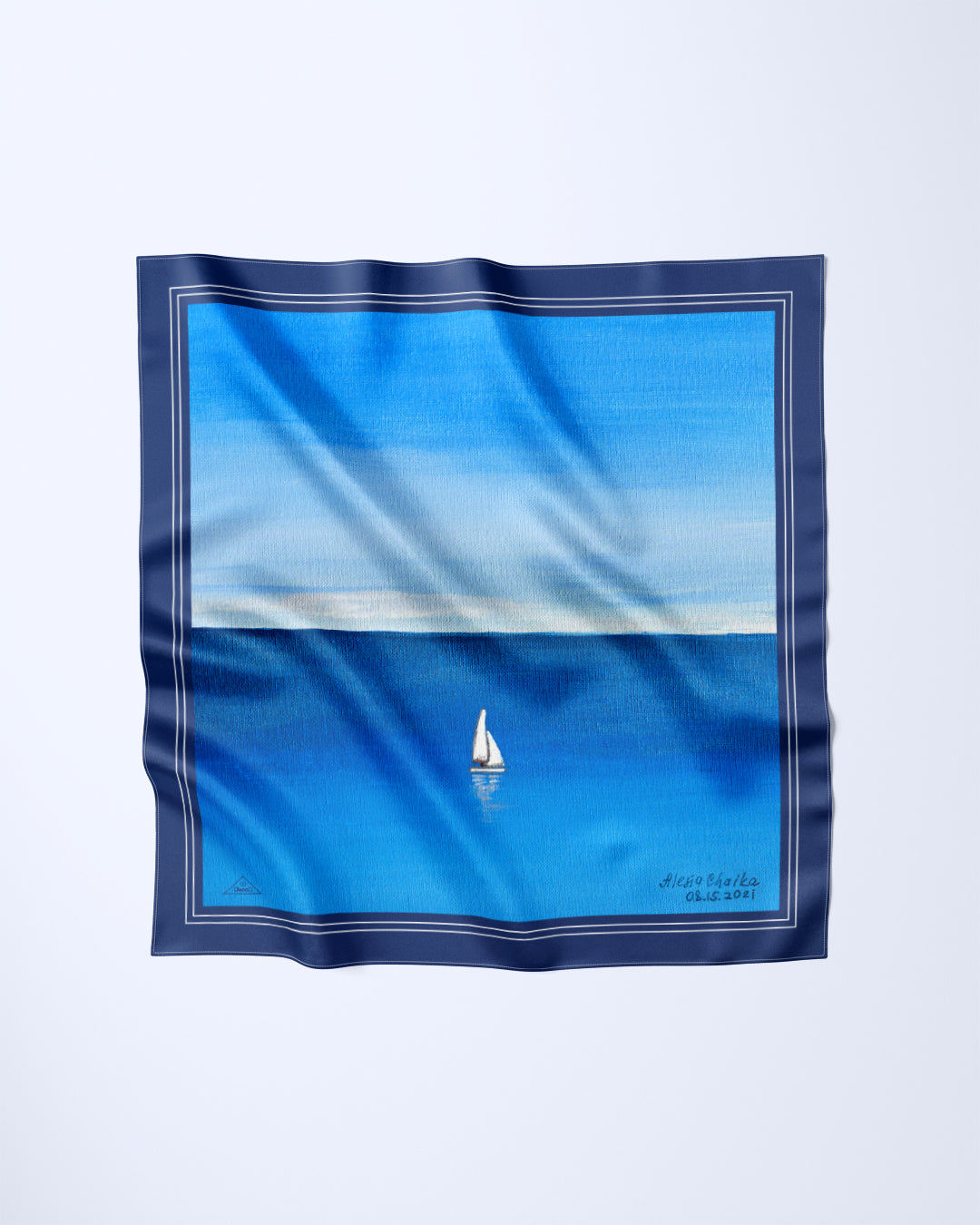 SAIL THE JOURNEY Silk Scarf by Alesia Chaika in navy and light blue