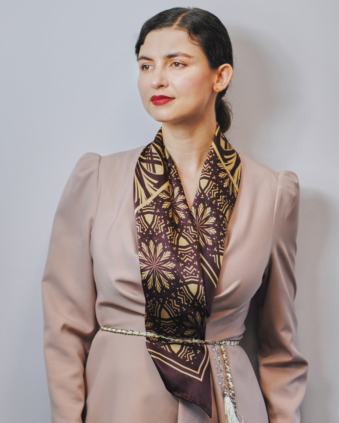SERENITY Brown Gold Mandala Designer Silk Scarf – Hand Rolled Edges – Multiple Sizes