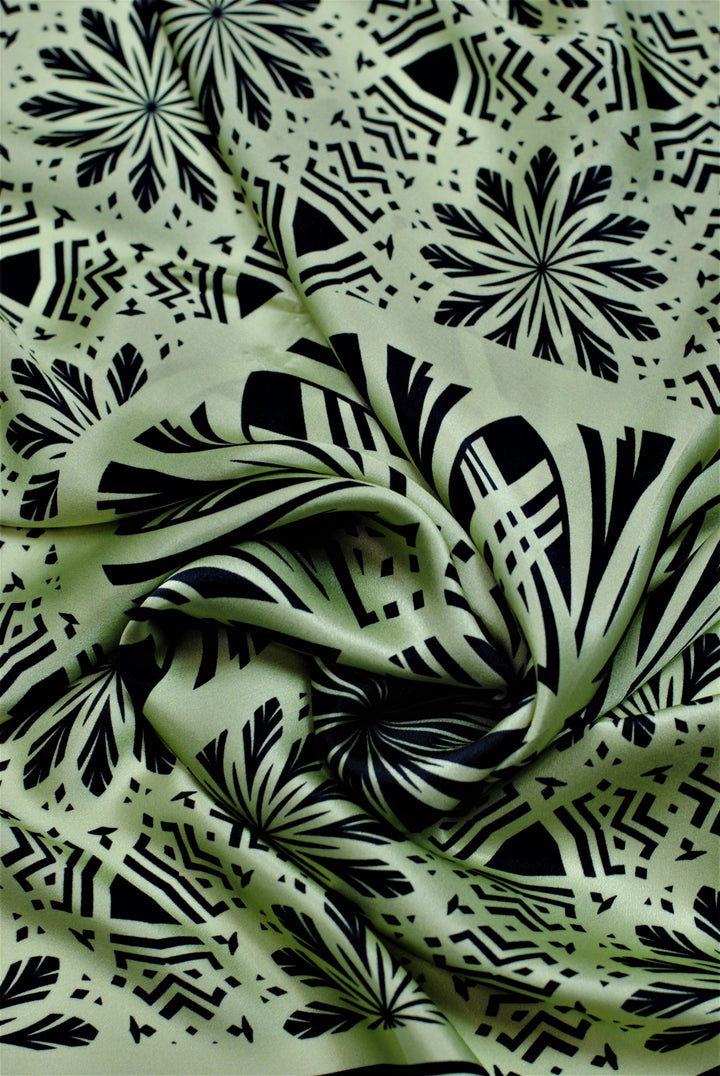 SERENITY Mandala Designer Silk Scarf – Sage Green Black – Hand-Rolled Edges – Multiple Sizes