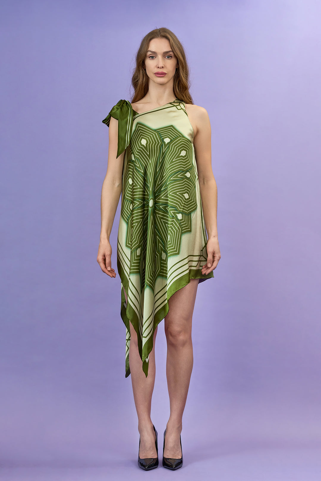 Sumatra Silk Asymmetrical Short Caftan – Olive and Sage – One Shoulder Design