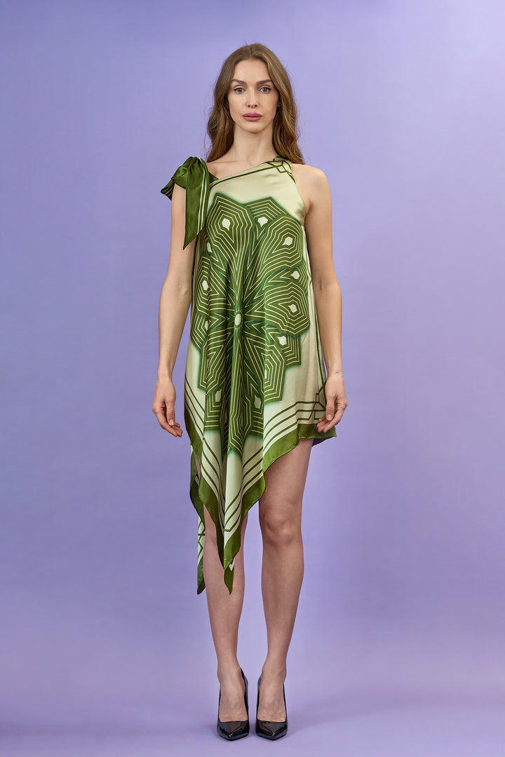 Sumatra Silk Asymmetrical Short Caftan – Olive and Sage – One Shoulder Design