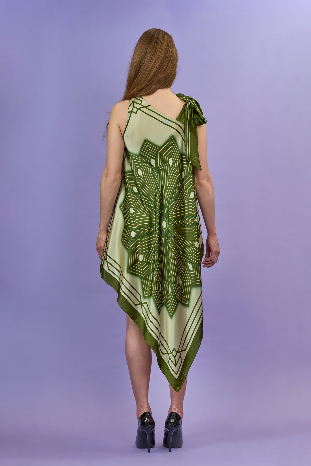 Sumatra Silk Asymmetrical Short Caftan – Olive and Sage – One Shoulder Design