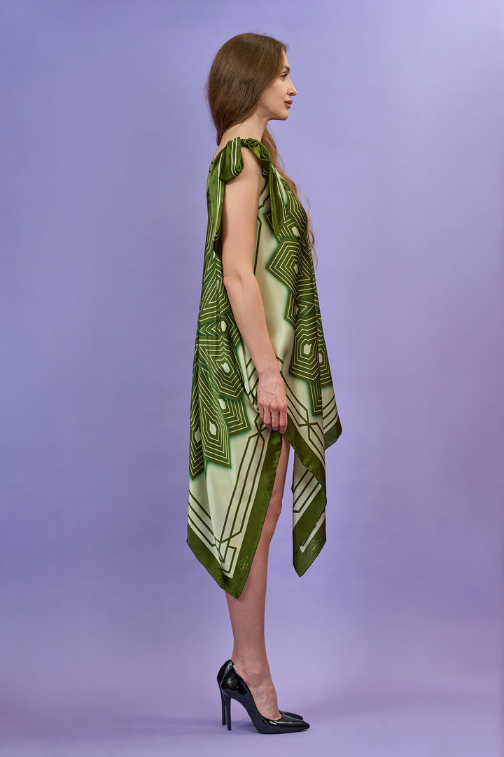 Sumatra Silk Asymmetrical Short Caftan – Olive and Sage – One Shoulder Design